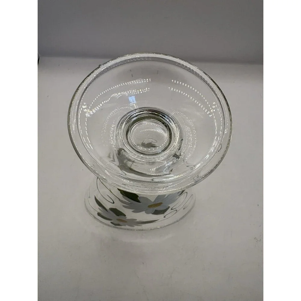 Footed Glass Vase Adorned With Hand Painted Daisies Heavy Glass 7.5” Tall